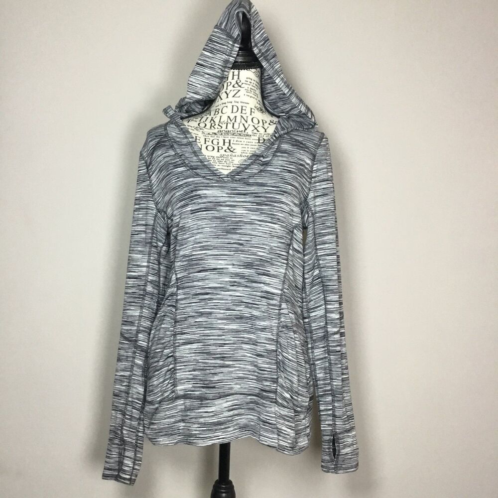 Stretchy hooded athletic top thumb hole cuffs black grey merle work out gym M